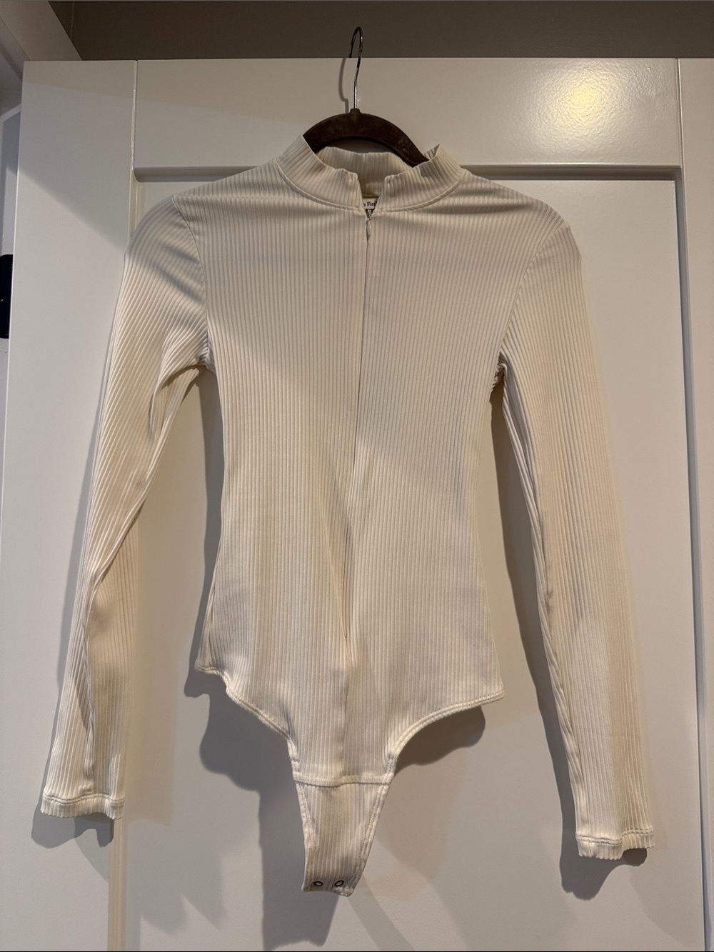 Abercrombie & Fitch Cream Ribbed Long-Sleeve Mock Neck Bodysuit